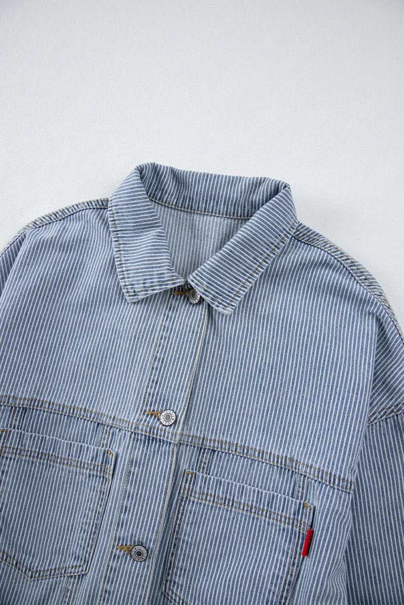 Striped Button Up Long Sleeve Denim Jacket - Outerwear