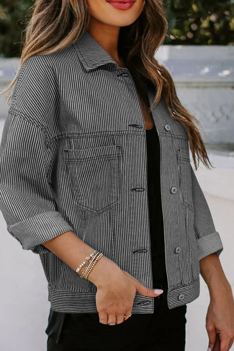 Striped Button Up Long Sleeve Denim Jacket - Outerwear