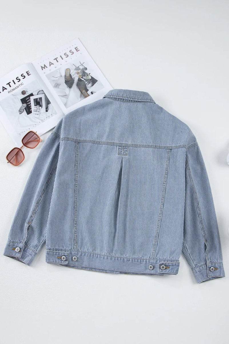 Striped Button Up Long Sleeve Denim Jacket - Outerwear