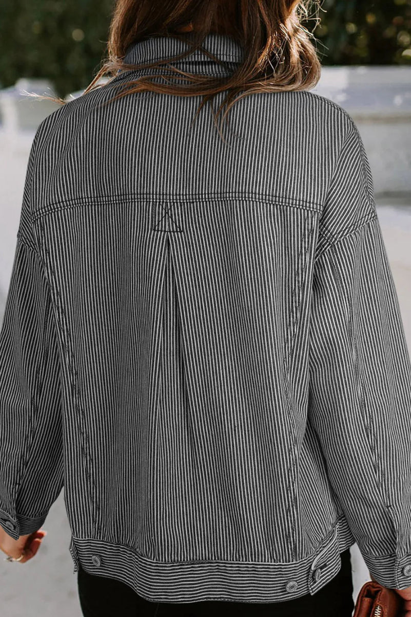Striped Button Up Long Sleeve Denim Jacket - Outerwear