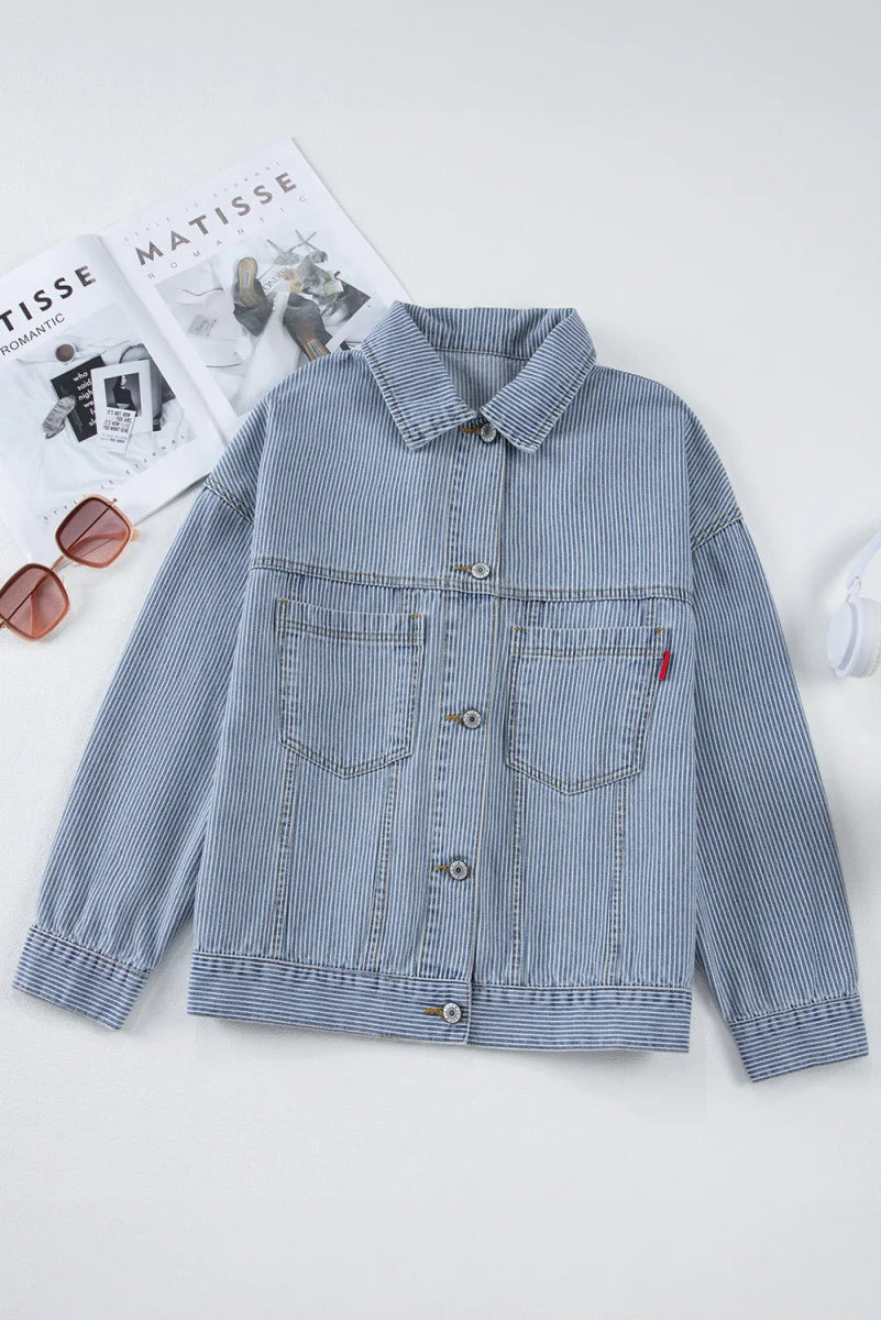 Striped Button Up Long Sleeve Denim Jacket - Outerwear