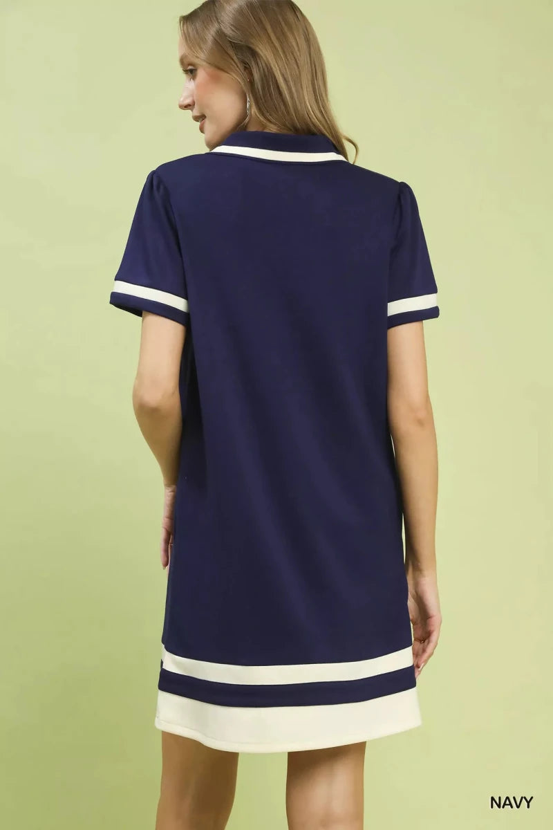 Striped Contrast Trim Shift Dress with Pockets - 