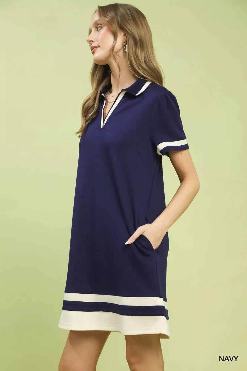 Striped Contrast Trim Shift Dress with Pockets - 