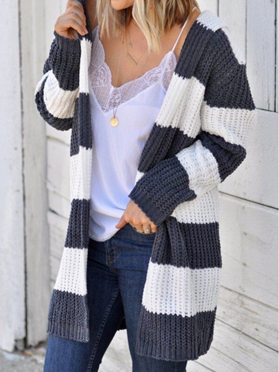 Striped Open Front Hooded Cardigan - Outerwear