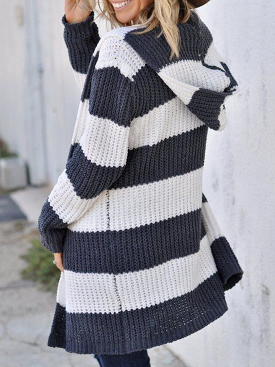 Striped Open Front Hooded Cardigan - Outerwear