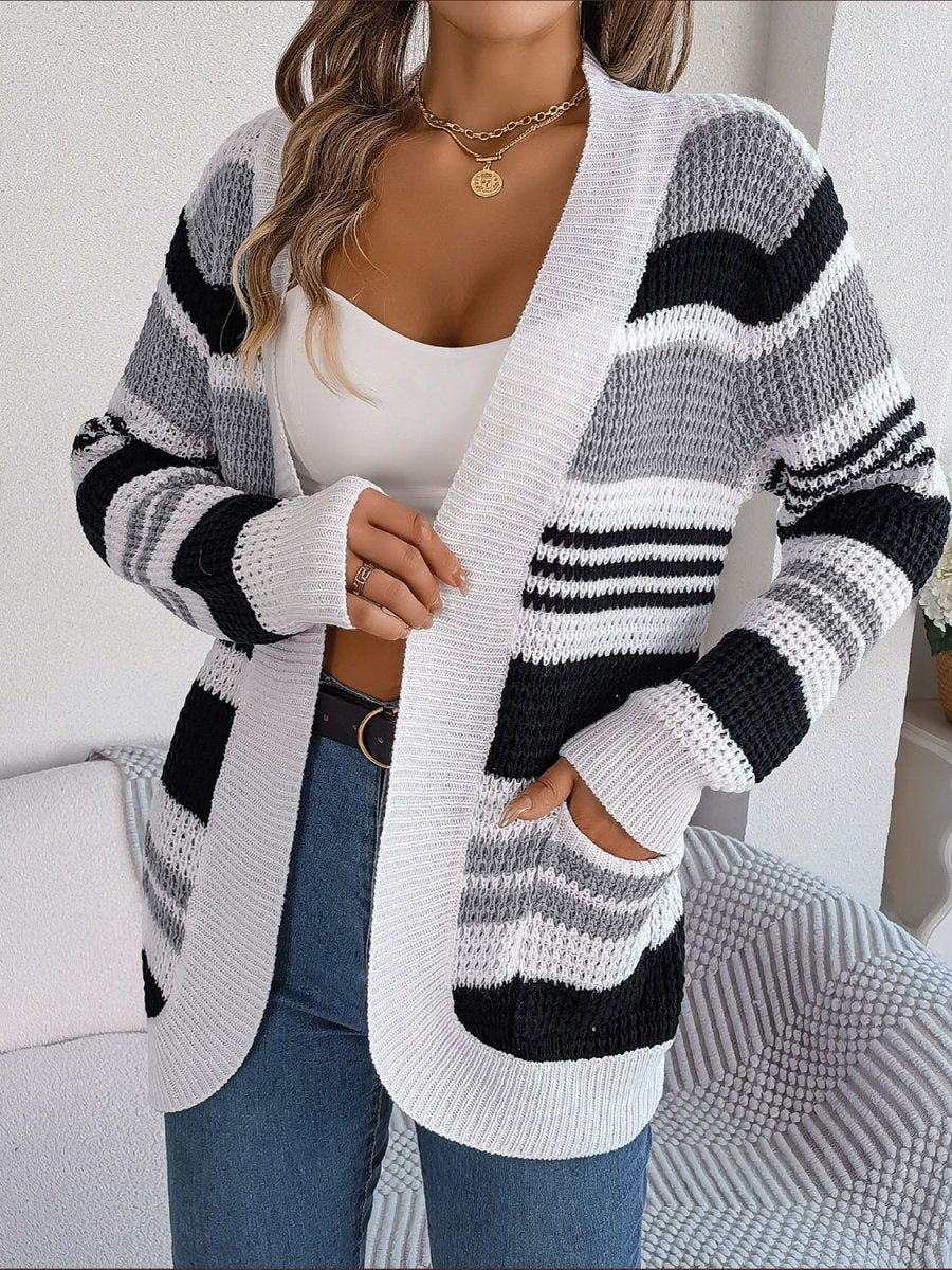 Striped Open Front Long Sleeve Cardigan - Outerwear