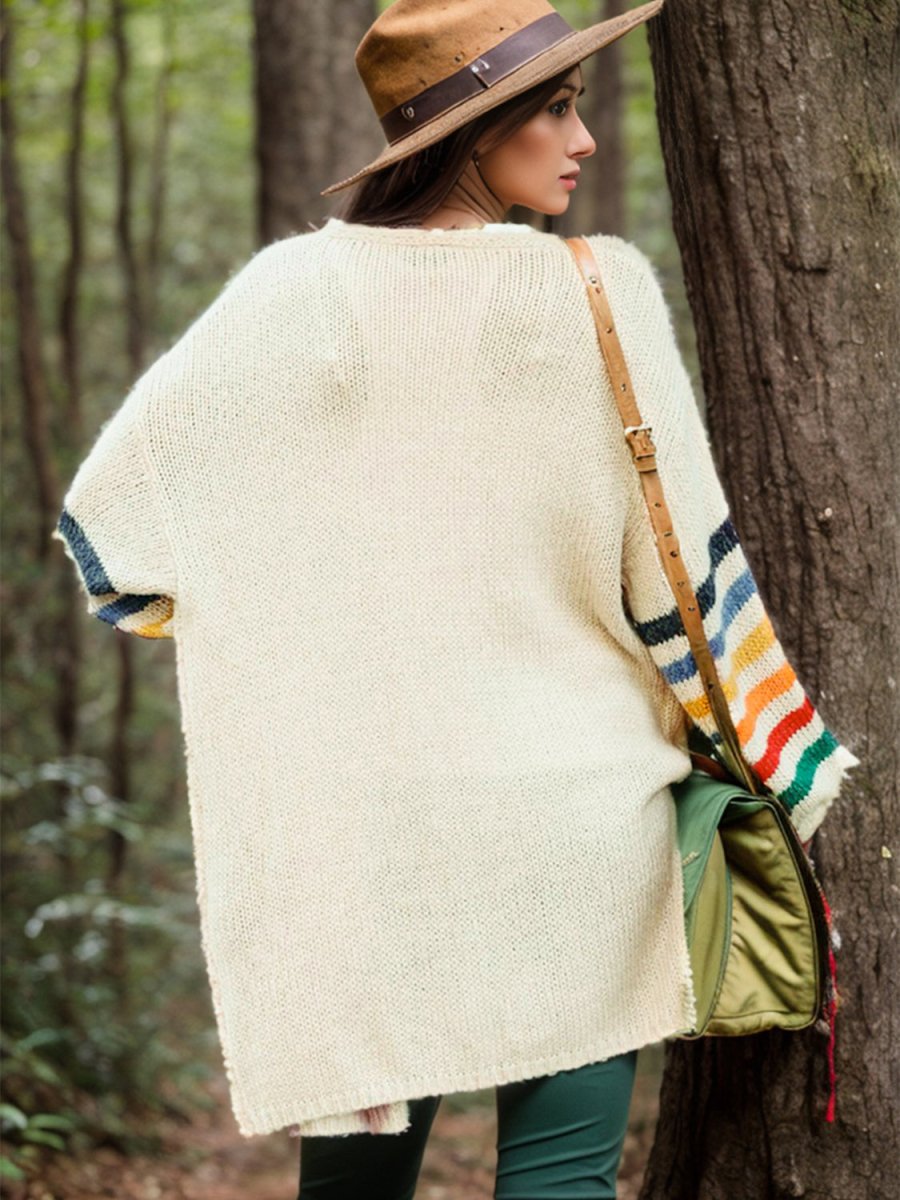 Striped Open Front Long Sleeve Cardigan - Outerwear