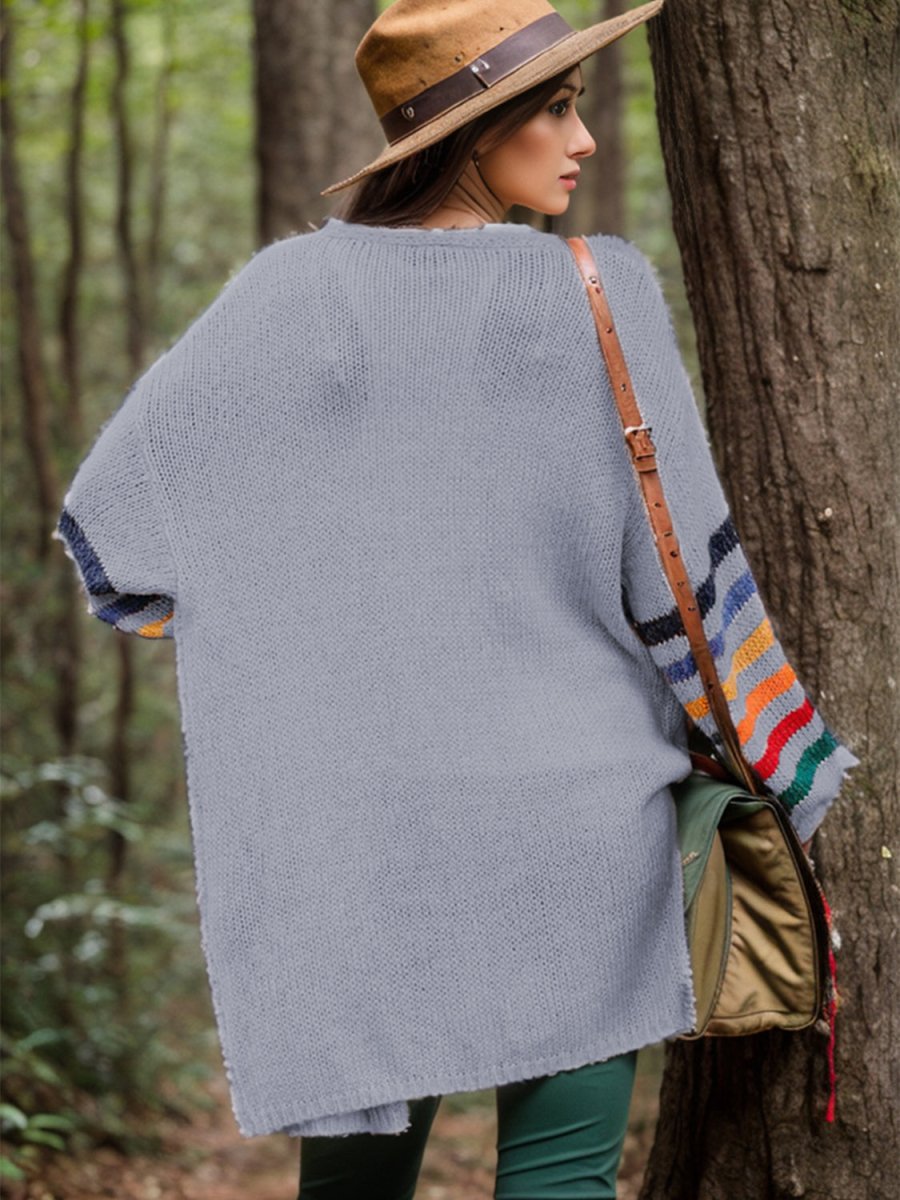 Striped Open Front Long Sleeve Cardigan - Outerwear