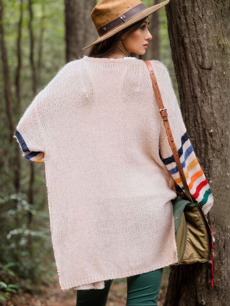 Striped Open Front Long Sleeve Cardigan - Outerwear