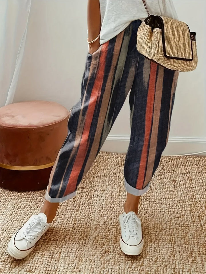 Striped Pocketed Elastic Waist Pants - Bottoms