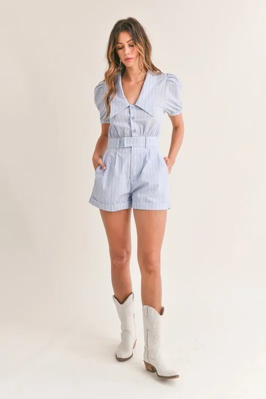 Striped Puff Sleeve Collared Romper - 