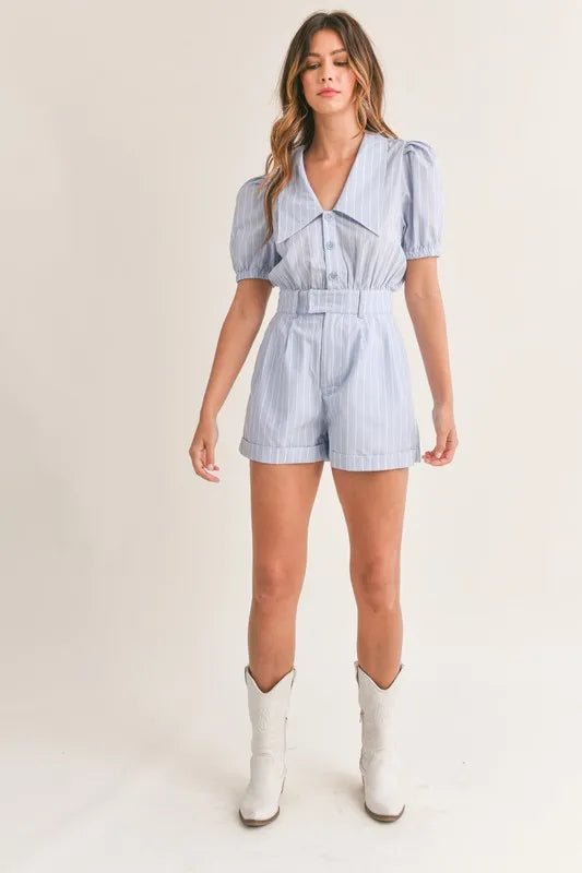 Striped Puff Sleeve Collared Romper - 