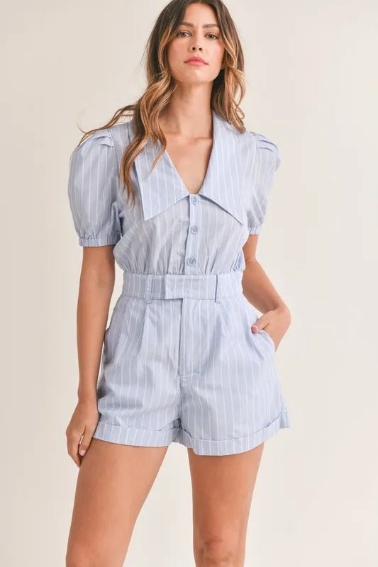 Striped Puff Sleeve Collared Romper - 