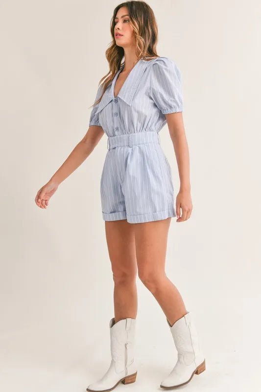 Striped Puff Sleeve Collared Romper - 