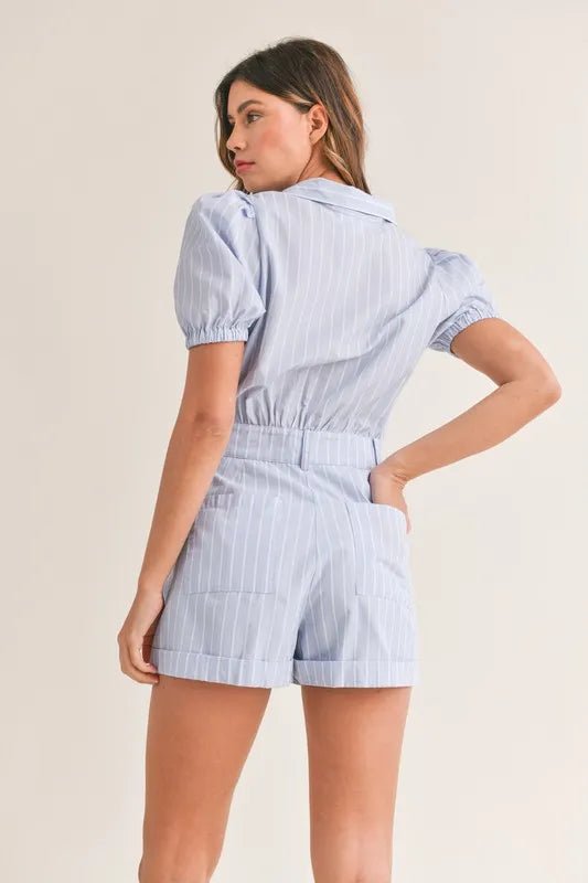 Striped Puff Sleeve Collared Romper - 