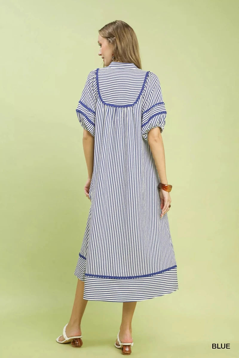 Striped Puff Sleeve Midi Dress with Pockets - 