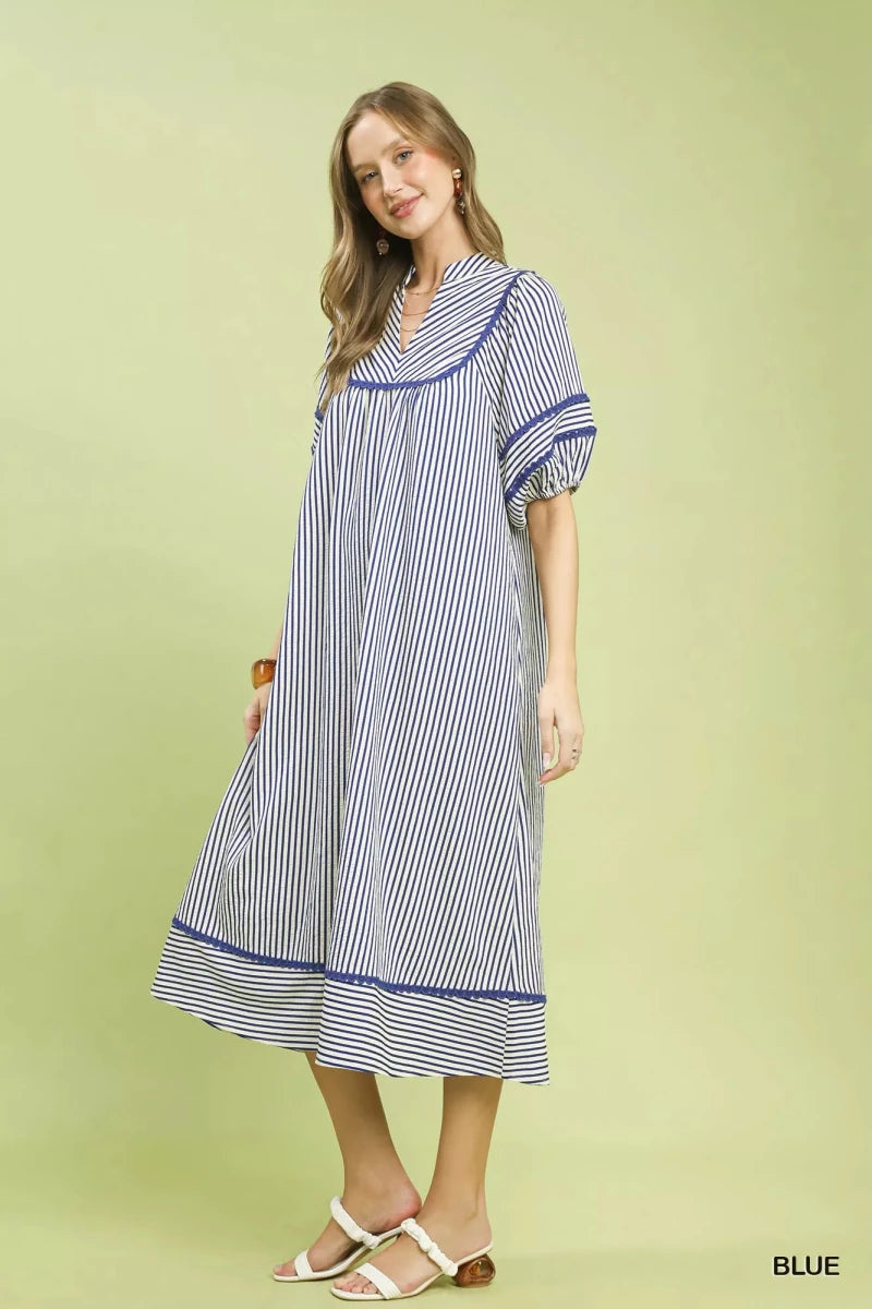 Striped Puff Sleeve Midi Dress with Pockets - 