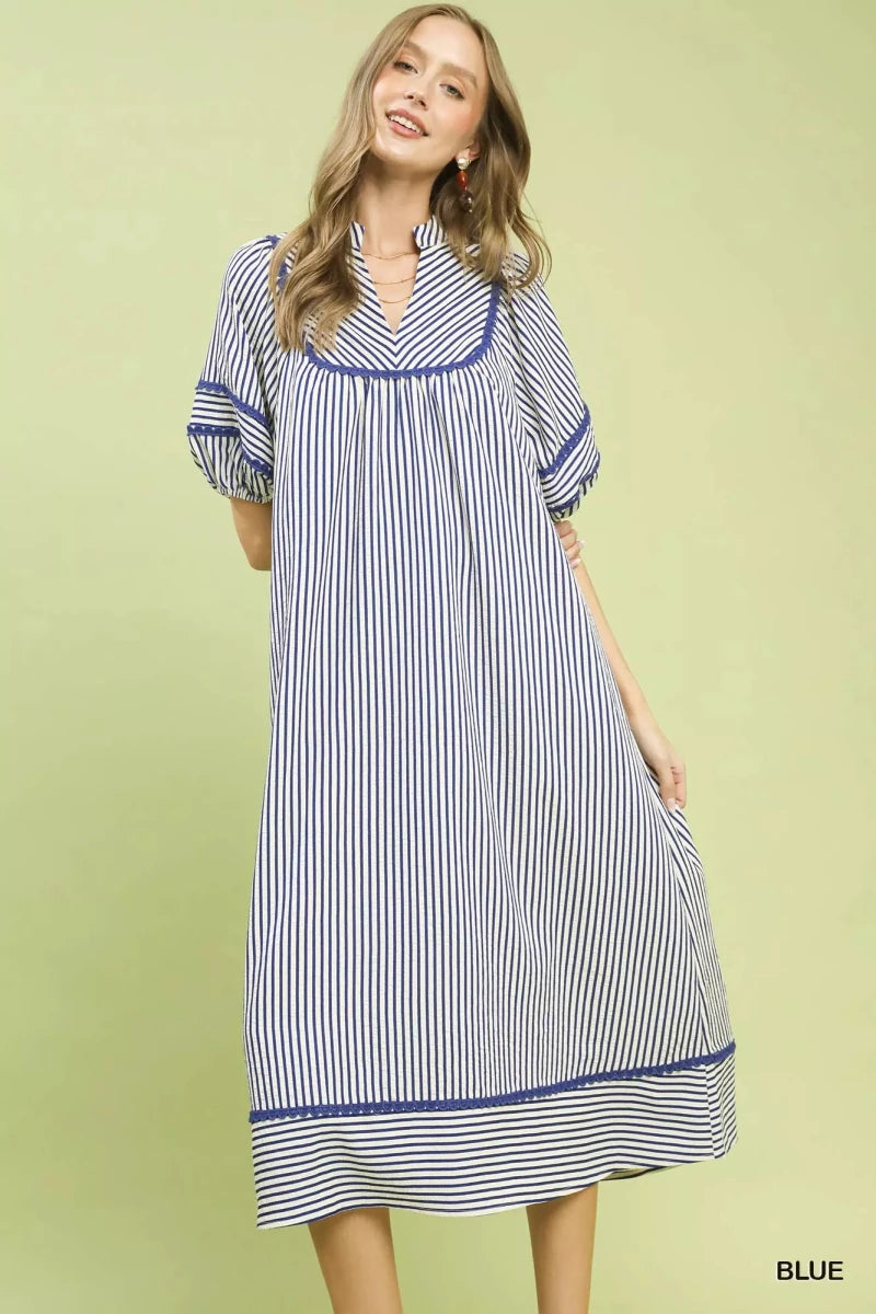 Striped Puff Sleeve Midi Dress with Pockets - 
