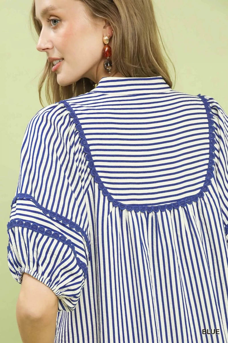 Striped Puff Sleeve Midi Dress with Pockets - 