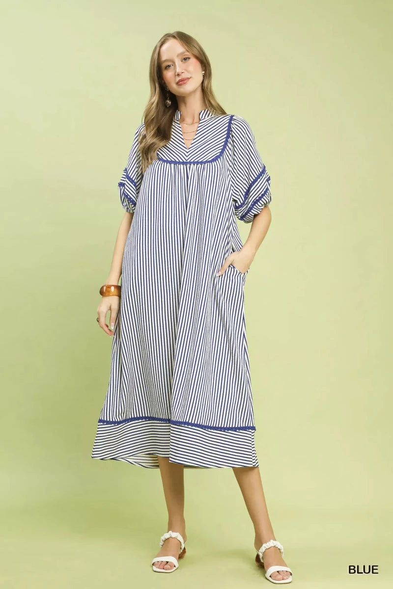 Striped Puff Sleeve Midi Dress with Pockets - 