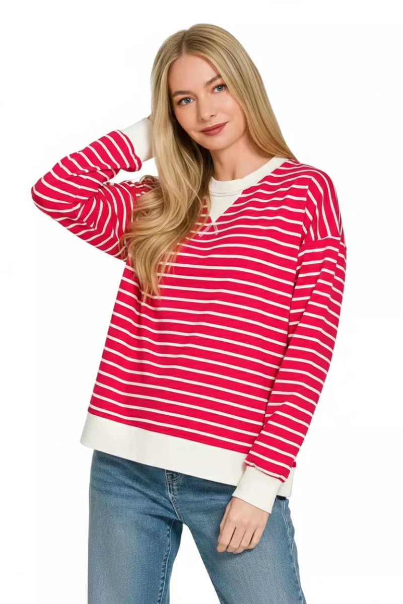 Striped Round Neck Cotton Spandex Sweatshirt - 