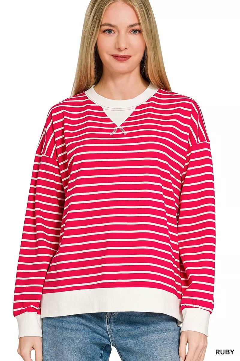 Striped Round Neck Cotton Spandex Sweatshirt - 