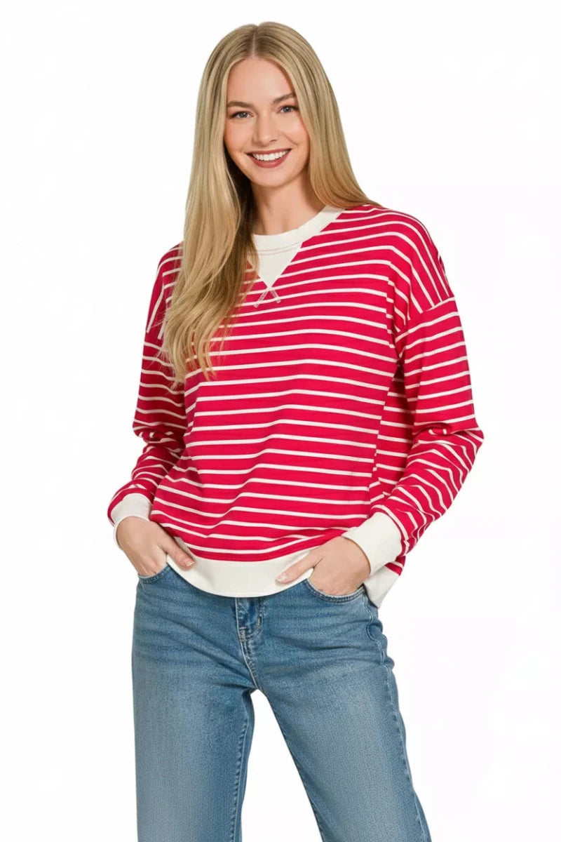 Striped Round Neck Cotton Spandex Sweatshirt - 