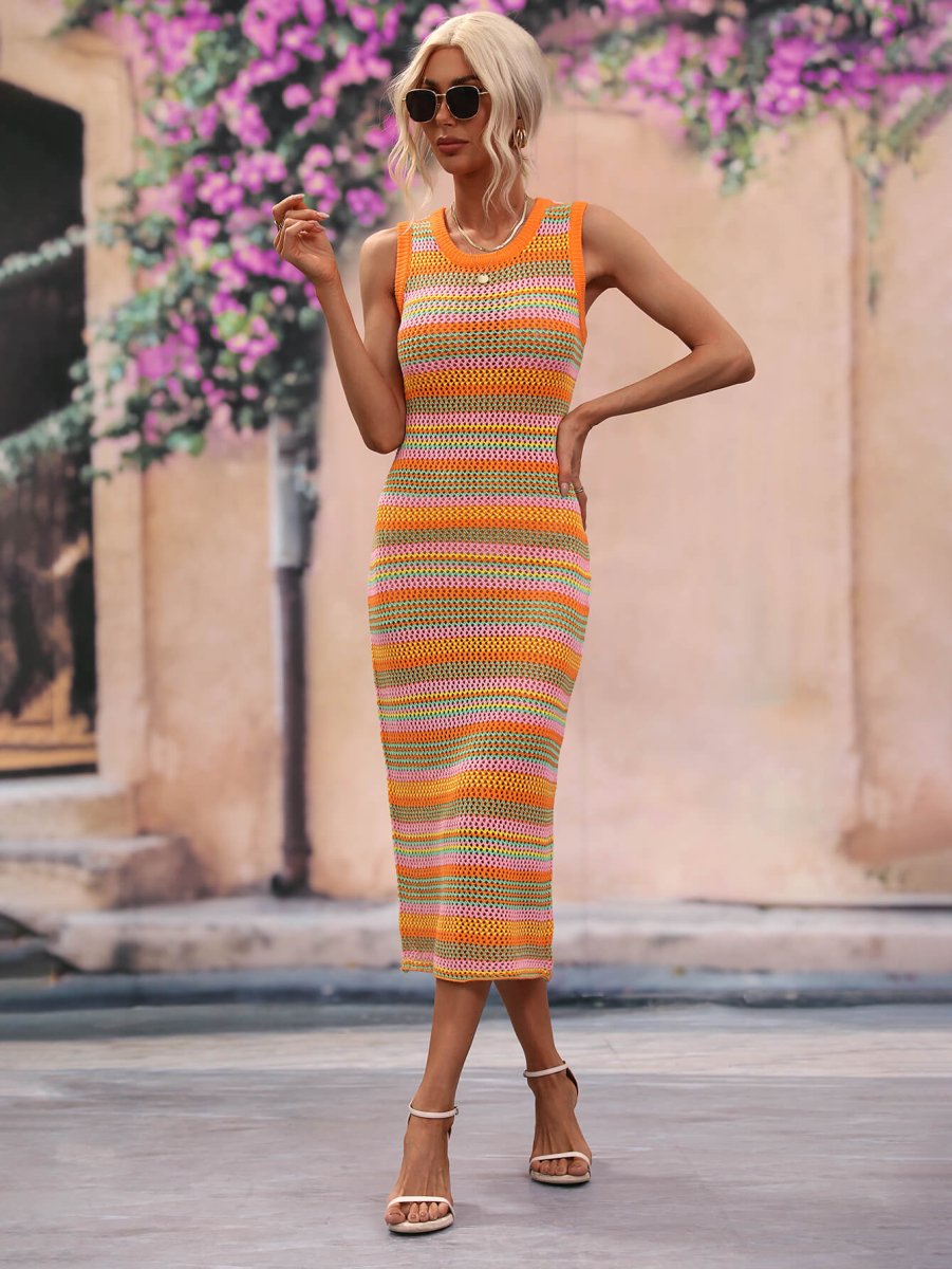 Striped Round Neck Sleeveless Midi Cover Up Dress - Sweater Dress