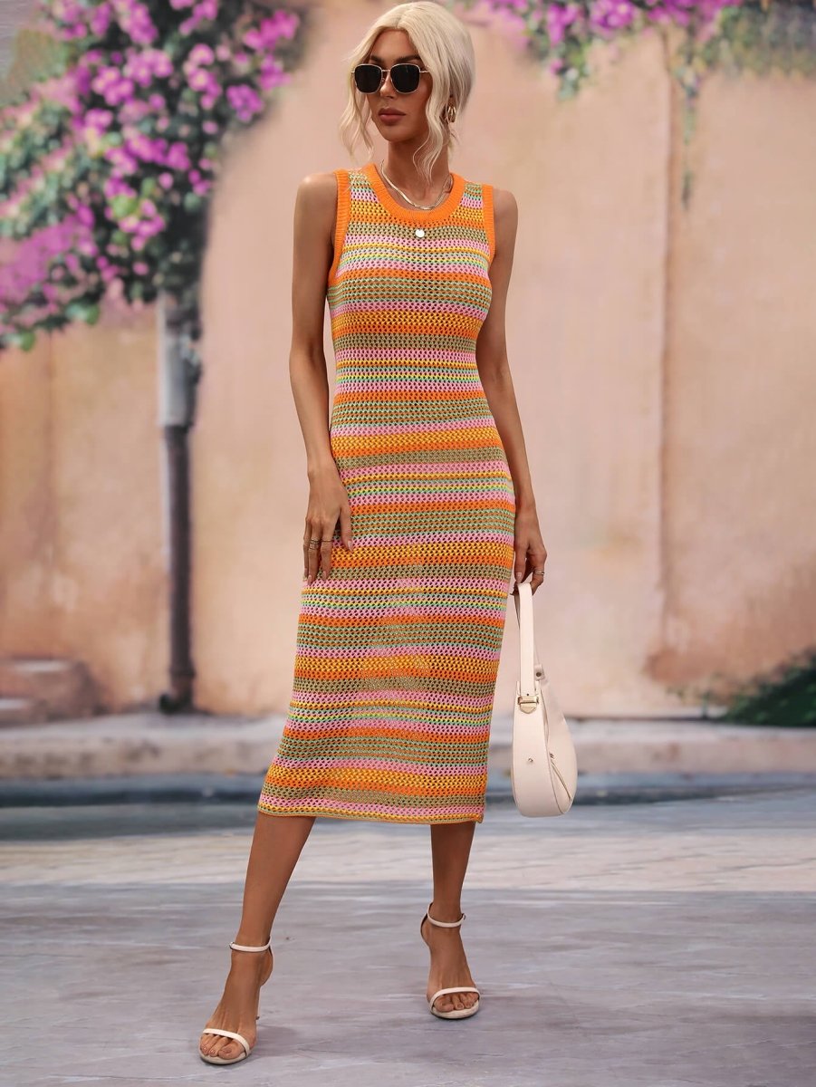 Striped Round Neck Sleeveless Midi Cover Up Dress - Sweater Dress