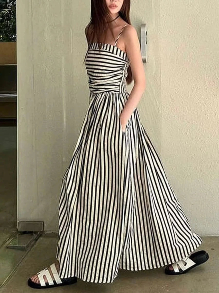 Striped Spaghetti Strap Casual Maxi Dress - 