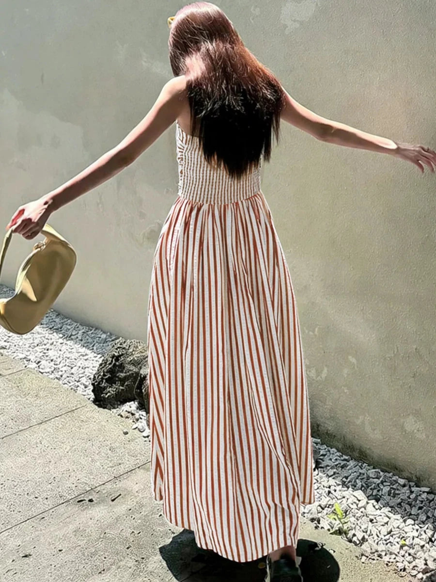 Striped Spaghetti Strap Casual Maxi Dress - 