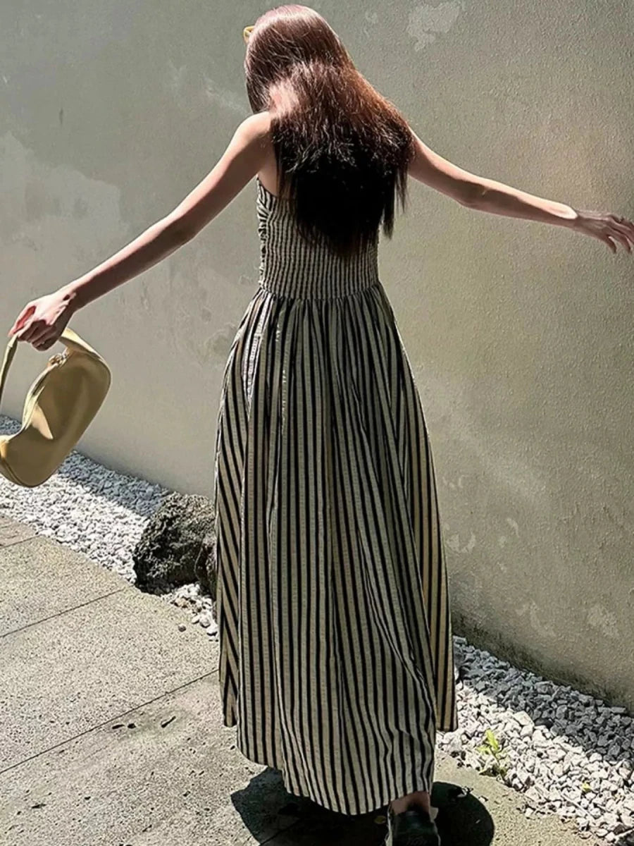 Striped Spaghetti Strap Casual Maxi Dress - 