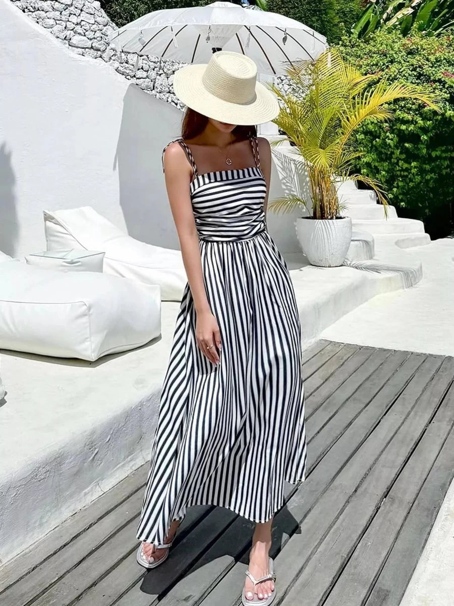 Striped Spaghetti Strap Casual Maxi Dress - 