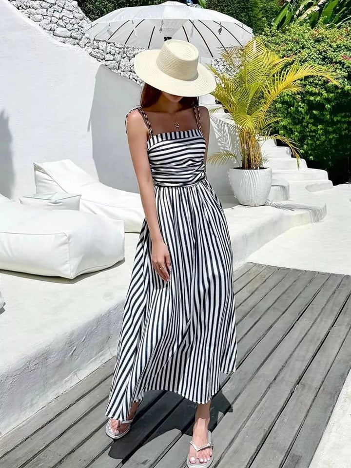 Striped Spaghetti Strap Casual Maxi Dress - 