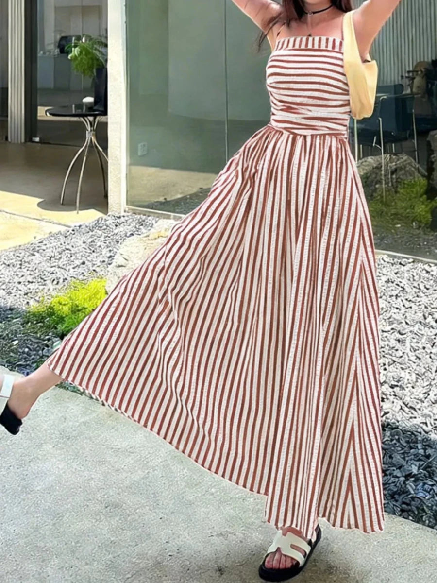 Striped Spaghetti Strap Casual Maxi Dress - 