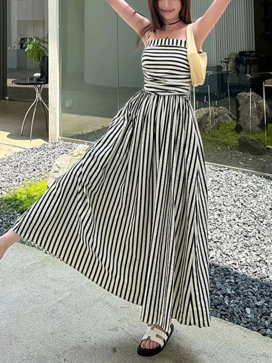 Striped Spaghetti Strap Casual Maxi Dress - 