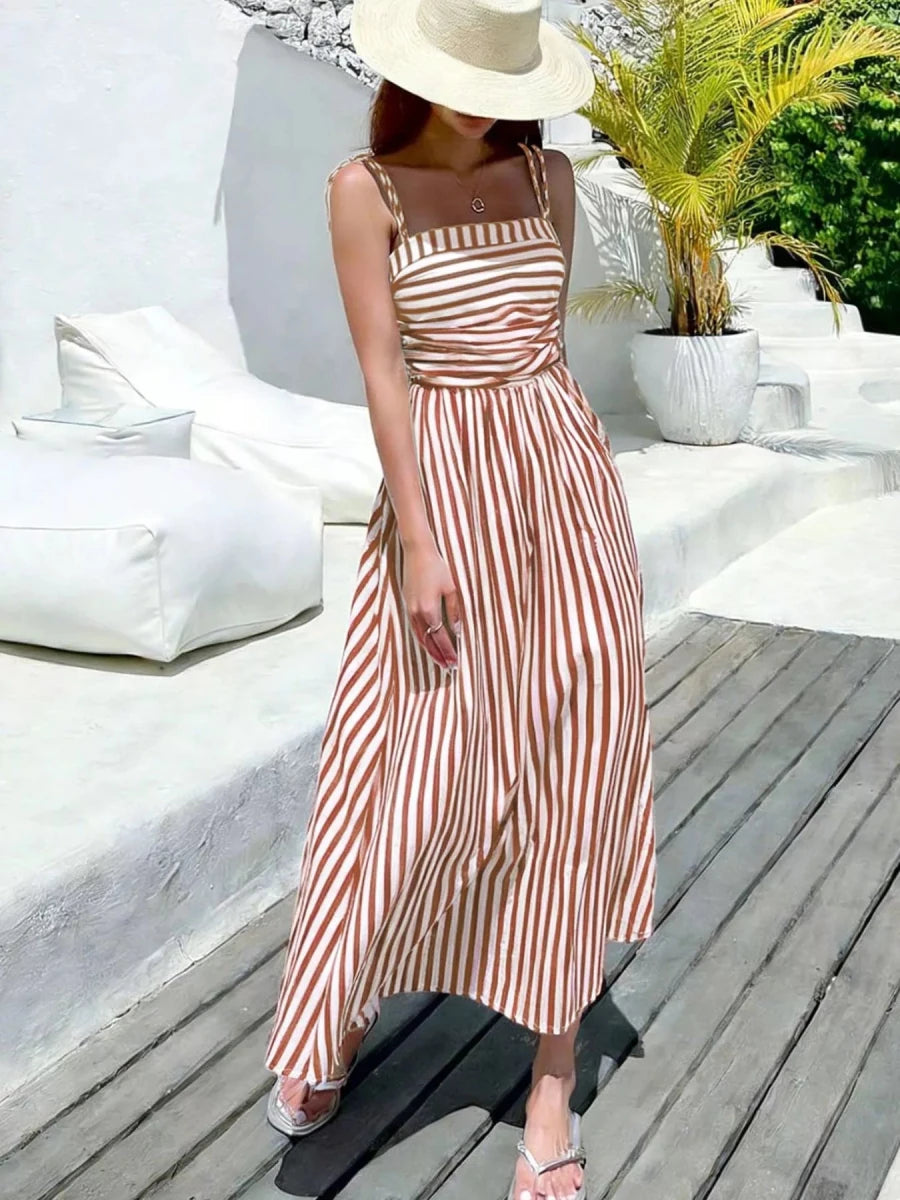 Striped Spaghetti Strap Casual Maxi Dress - 