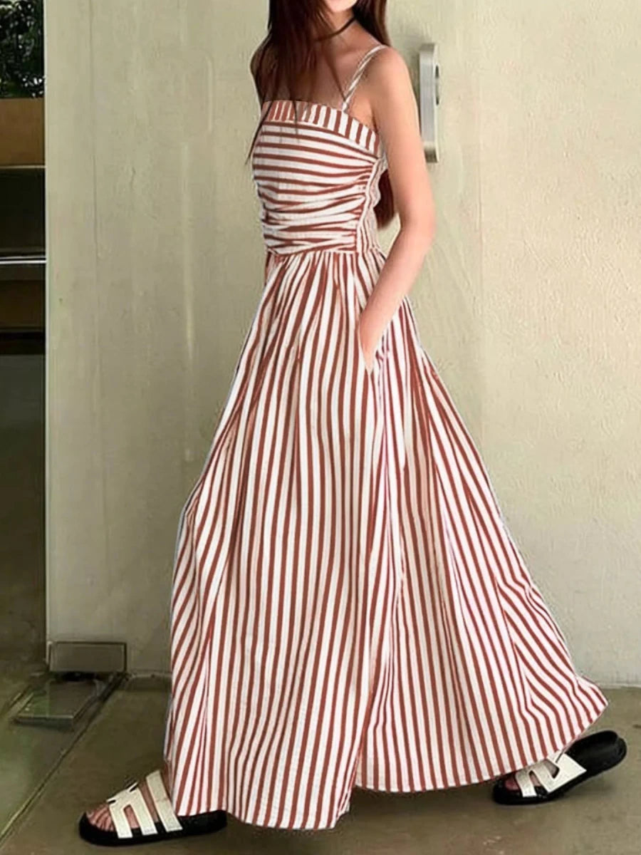 Striped Spaghetti Strap Casual Maxi Dress - 