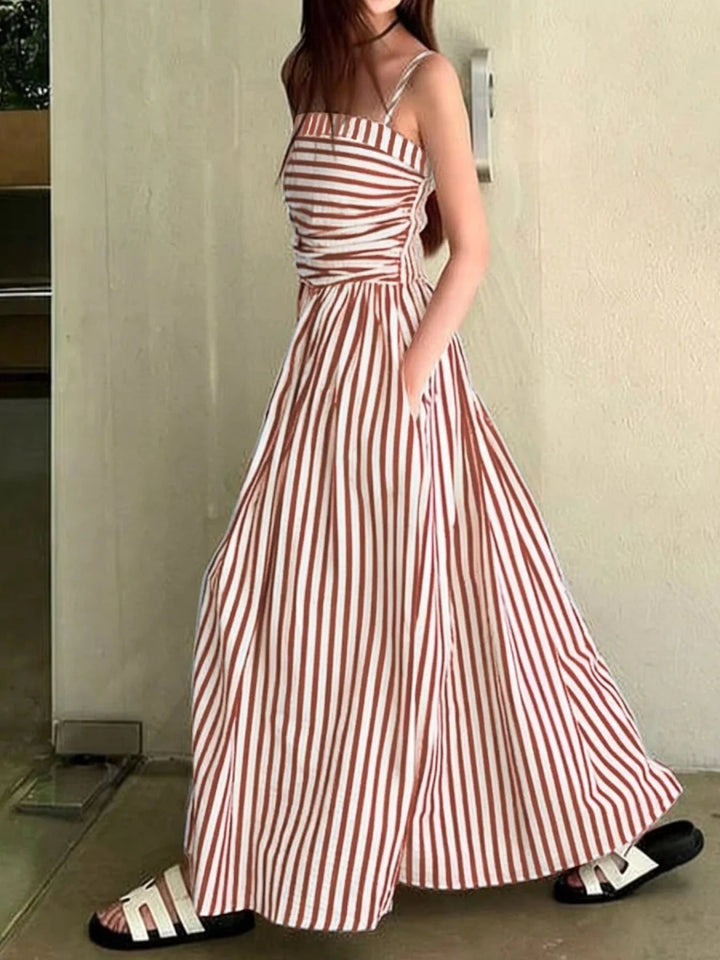 Striped Spaghetti Strap Casual Maxi Dress - 