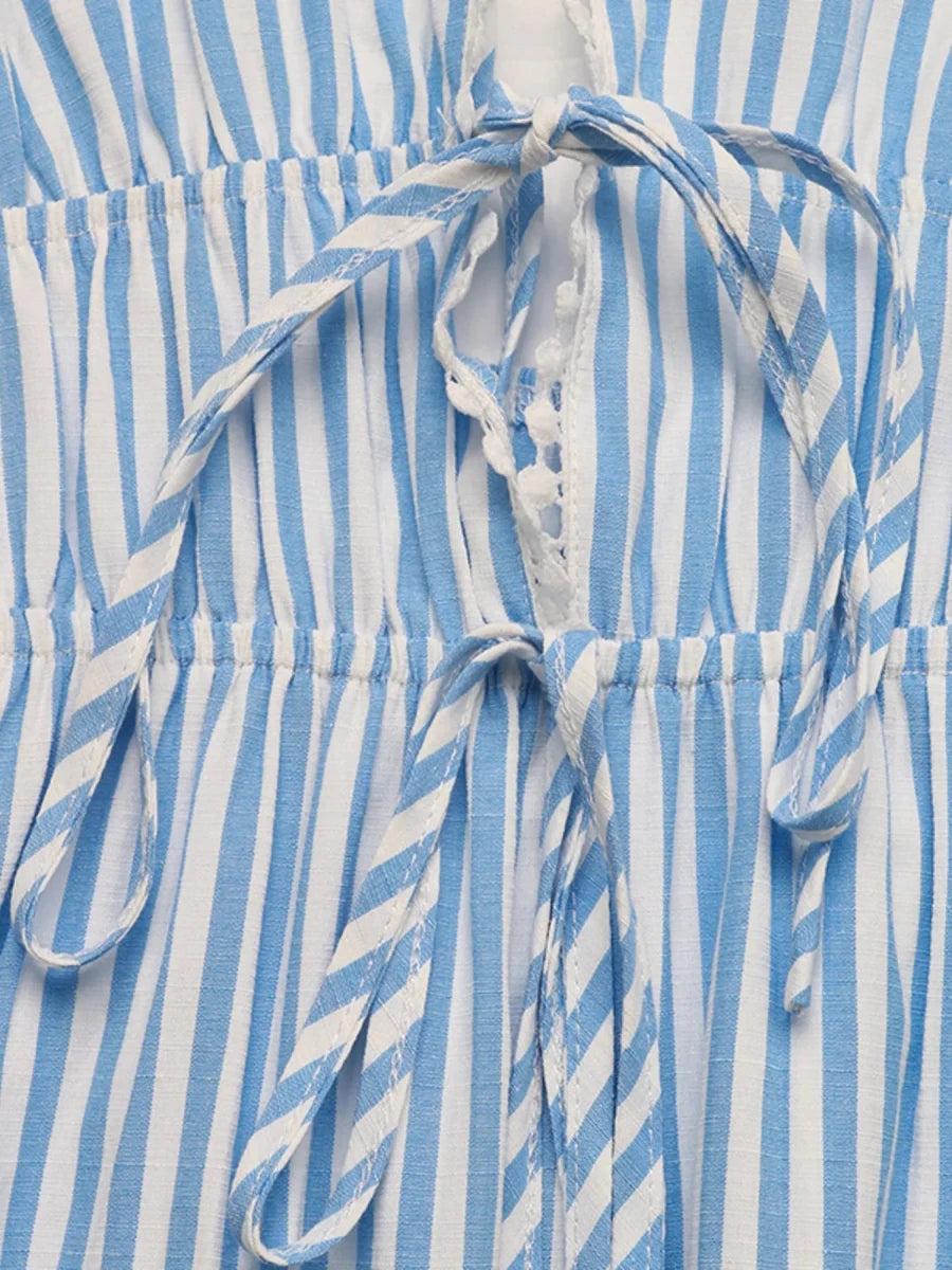 Striped Tie Front Mini Dress with Pom - Pom Trim - 