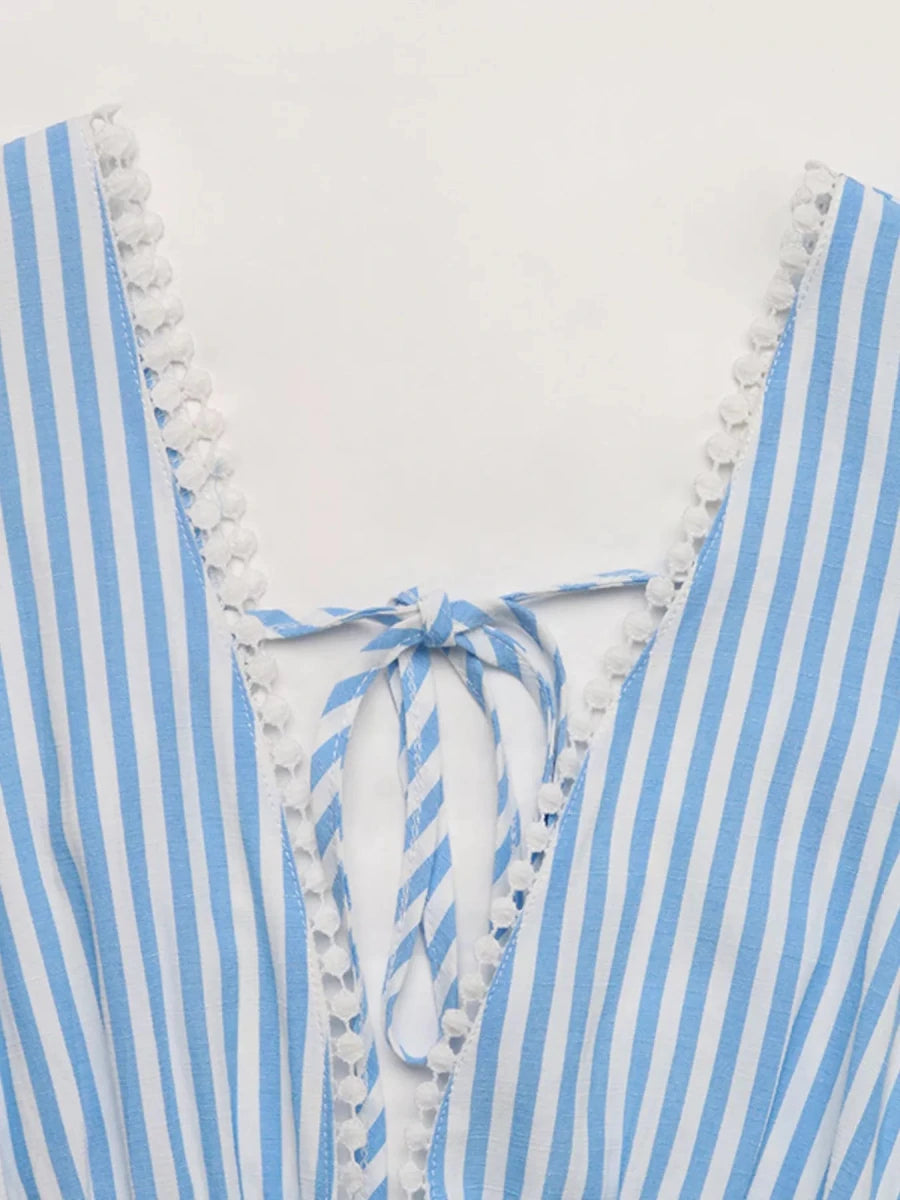 Striped Tie Front Mini Dress with Pom - Pom Trim - 