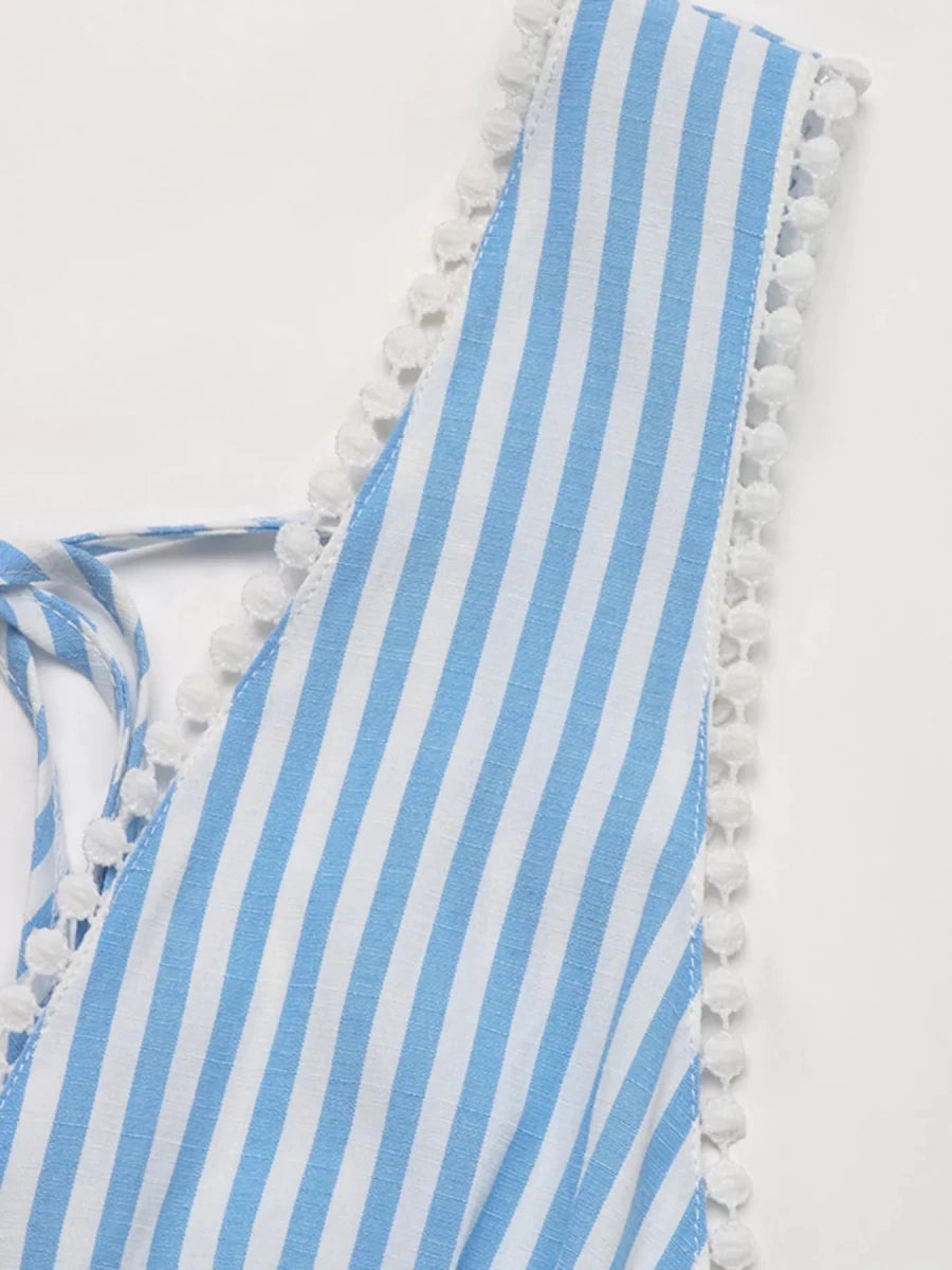 Striped Tie Front Mini Dress with Pom - Pom Trim - 