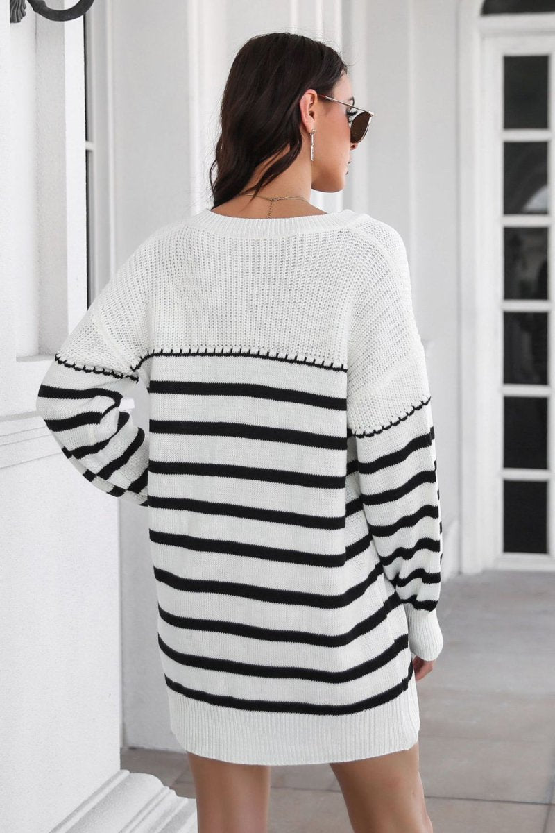 Striped V - Neck Drop Shulder Sweater Dress - Sweater Dress