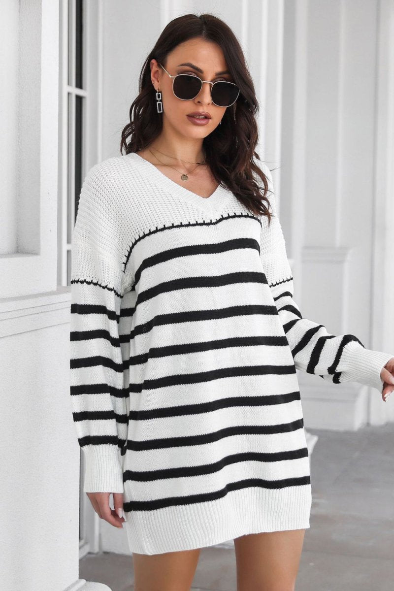 Striped V - Neck Drop Shulder Sweater Dress - Sweater Dress