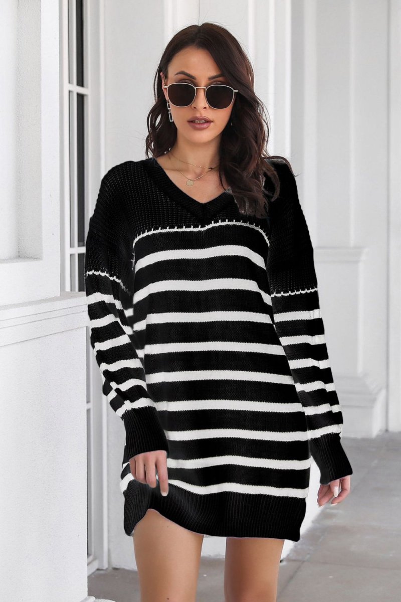 Striped V - Neck Drop Shulder Sweater Dress - Sweater Dress