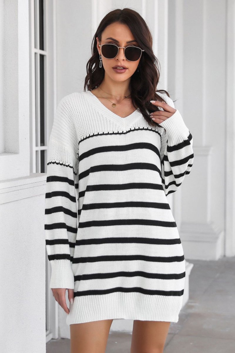 Striped V - Neck Drop Shulder Sweater Dress - Sweater Dress