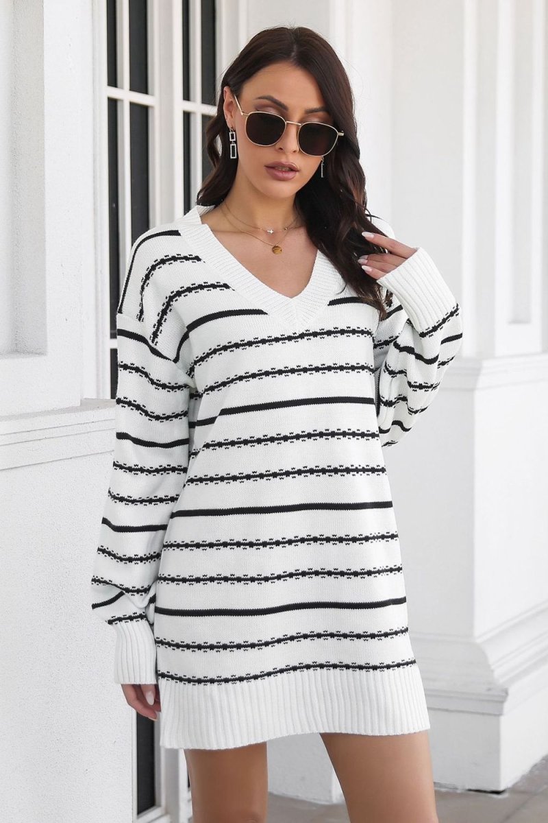 Striped V - Neck Sweater Dress - Sweater Dress