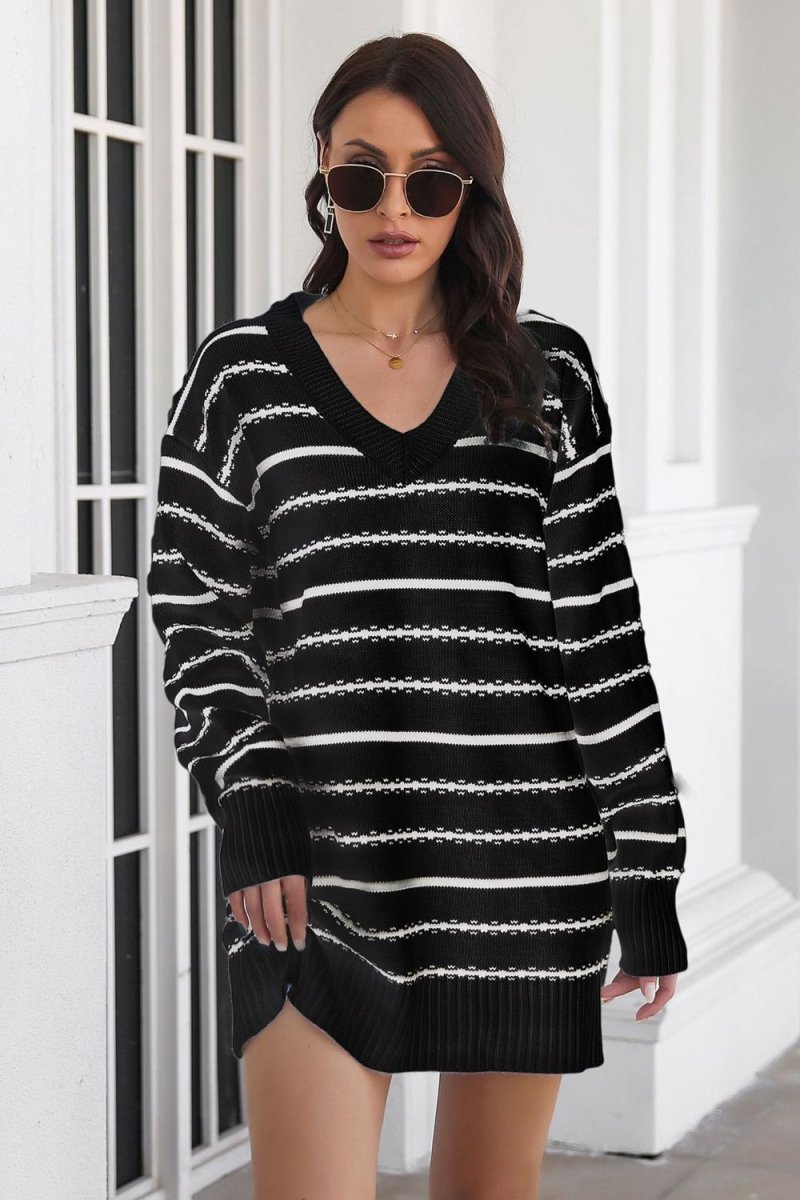 Striped V - Neck Sweater Dress - Sweater Dress