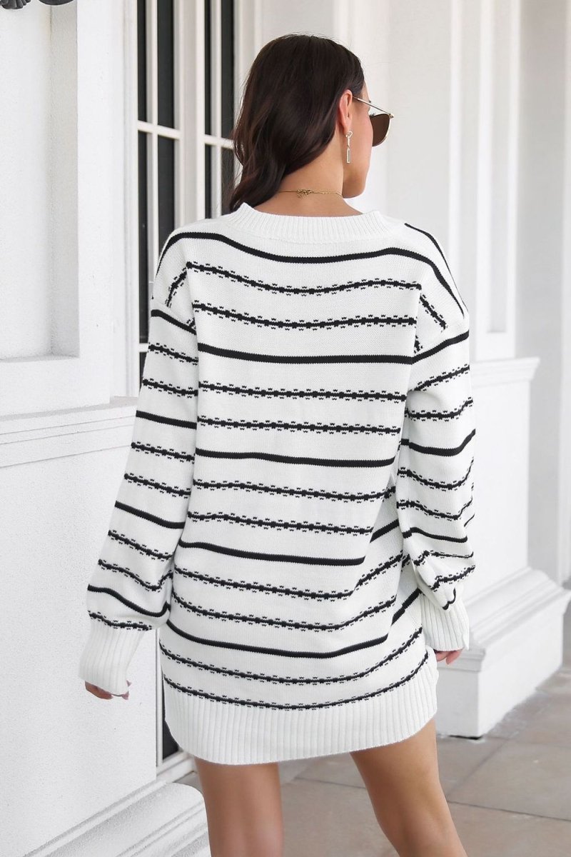Striped V - Neck Sweater Dress - Sweater Dress