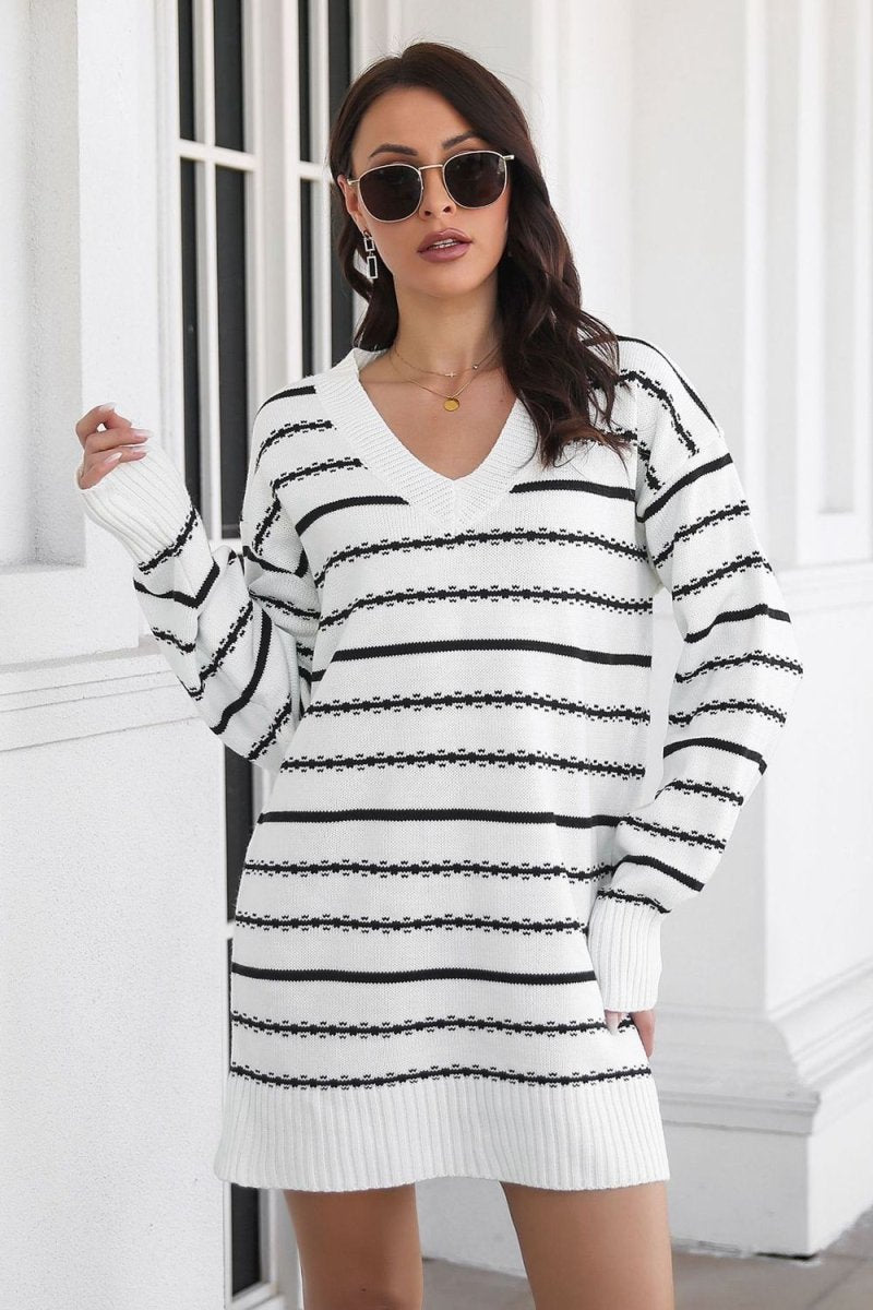 Striped V - Neck Sweater Dress - Sweater Dress